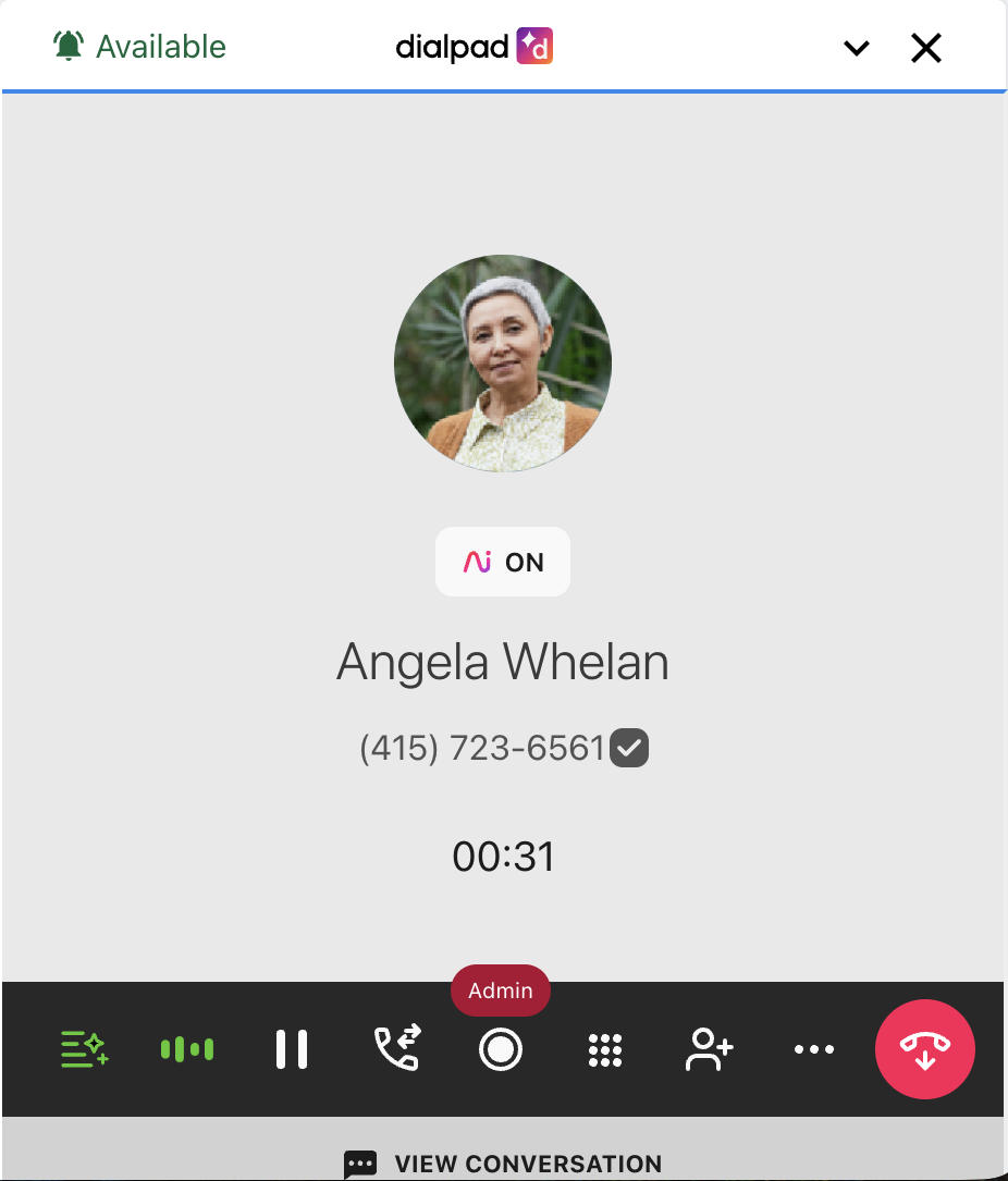 Ongoing call, displaying contact details and call duration. The record option is highlighted.